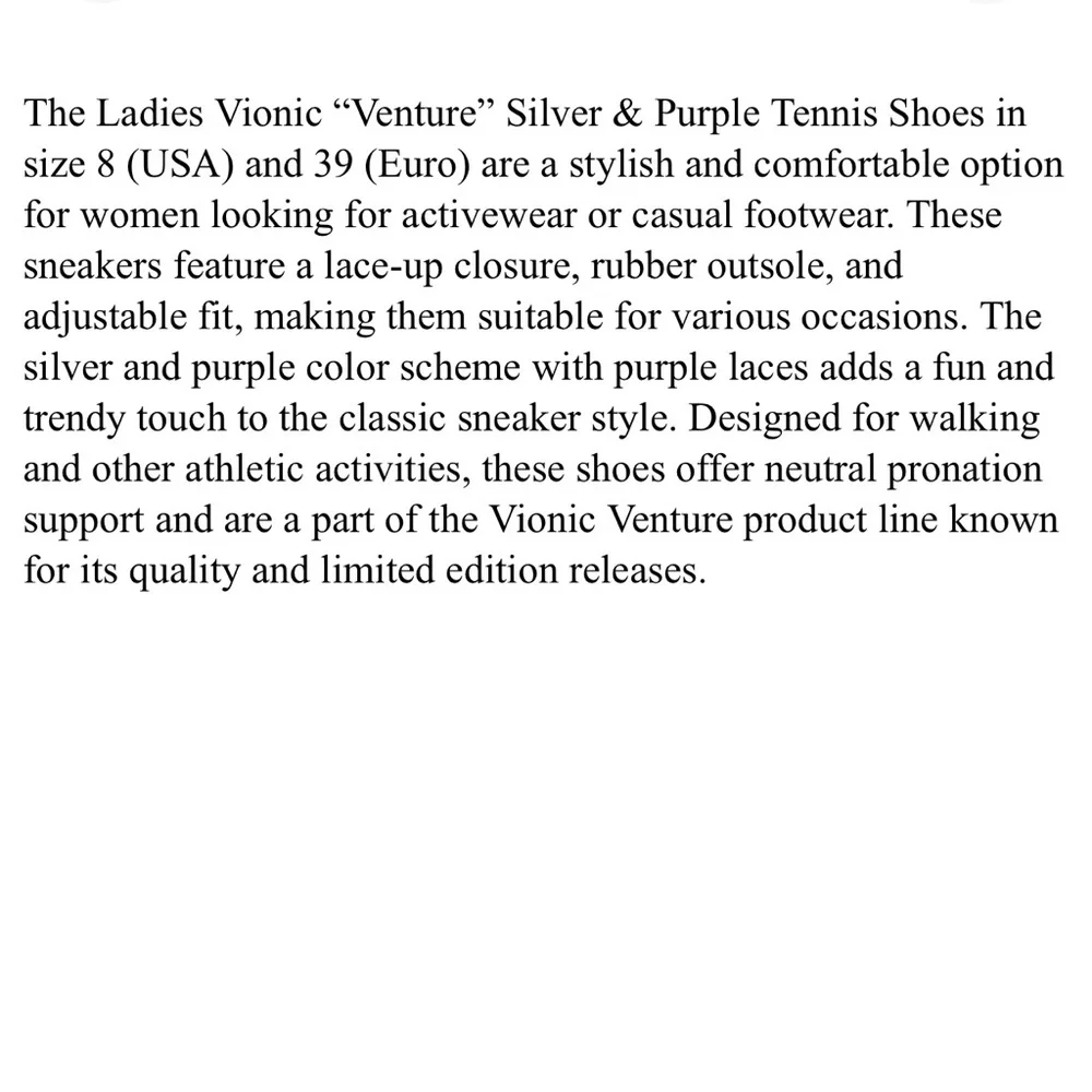 Vionic Venture Silver/Purple Tennis Shoe Size 8 Comfort Quality Support Size 8